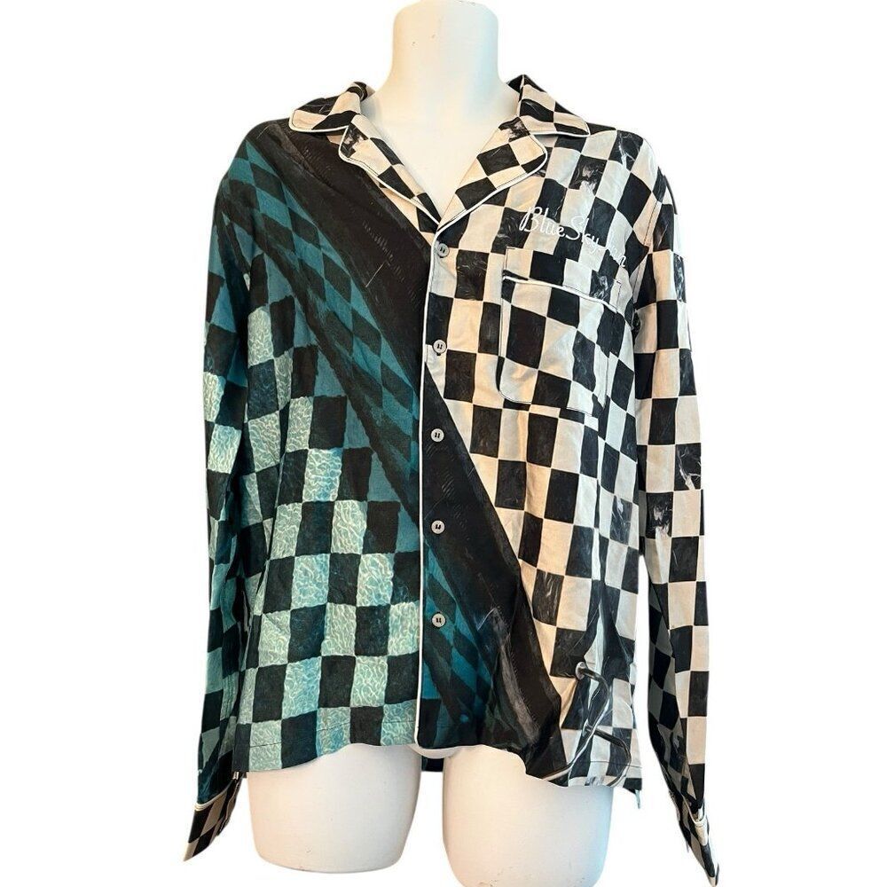 Blue Sky Inn Mens Small Black White Check Pool Oversized Fit Long Sleeve Shirt